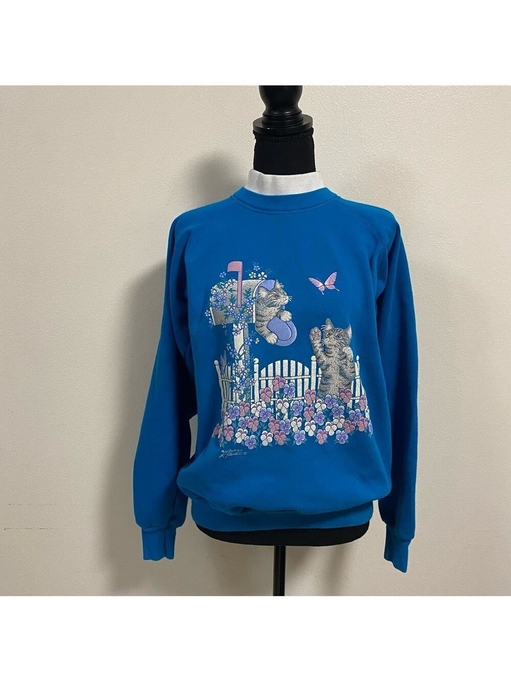 Vintage Morning Sun mock neck Kitten butterfly Pullover Sweater Blue Size Large